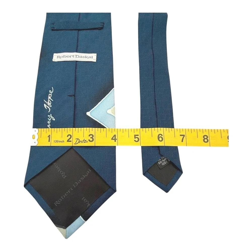VTG Robert Daskai Silk Hand Painted Artist Signed Tie Geometric Zig‎ Zag Blues